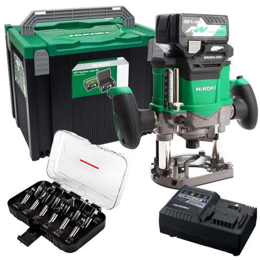 Hikoki M3612DAJPZ 36V Brushless Router 2.5Ah Battery Charger with 1/2" 12 Piece Cutter Set