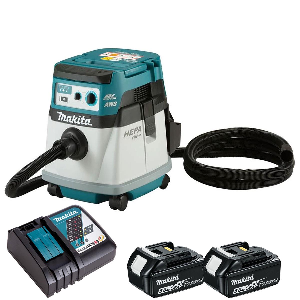 Makita DVC157LZX3 36V Brushless L-Class 15L Dust Extractor AWS with 2 x 5.0Ah Battery & Charger