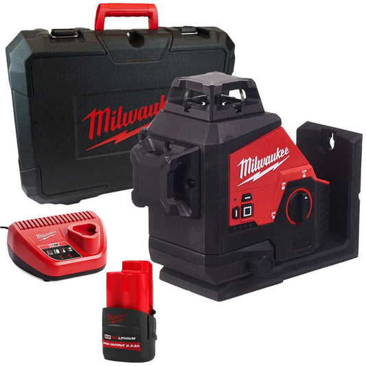 Milwaukee M123PL-0C 12V 360° 3-Plane Green Laser with 1 x 2.5Ah Battery Charger & Case