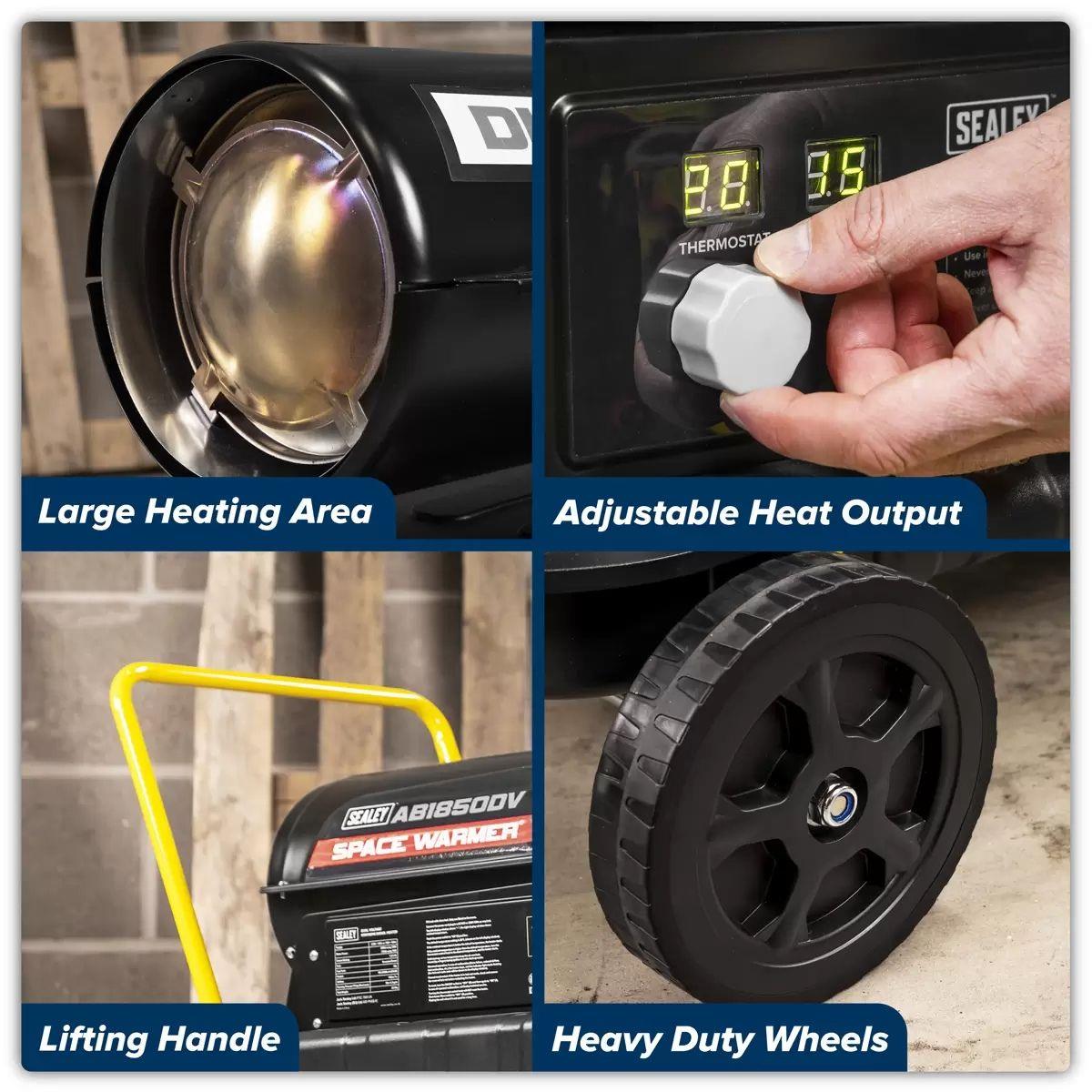 Sealey AB1850DV Dual Voltage Space Warmer® Kerosene/Diesel Heater with Wheels 230V/55kW