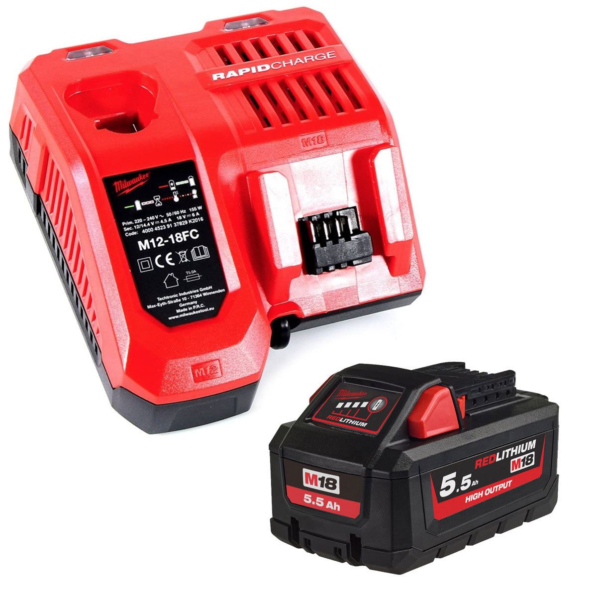Milwaukee M18HB5.5 18V 5.5Ah RedLithium-Ion High Output Battery with Fast Charger