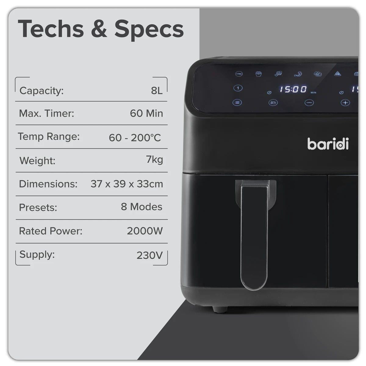 Sealey DH172 Baridi Dual Zone Air Fryer with 8 Preset Functions 8L Capacity 230V/1700W