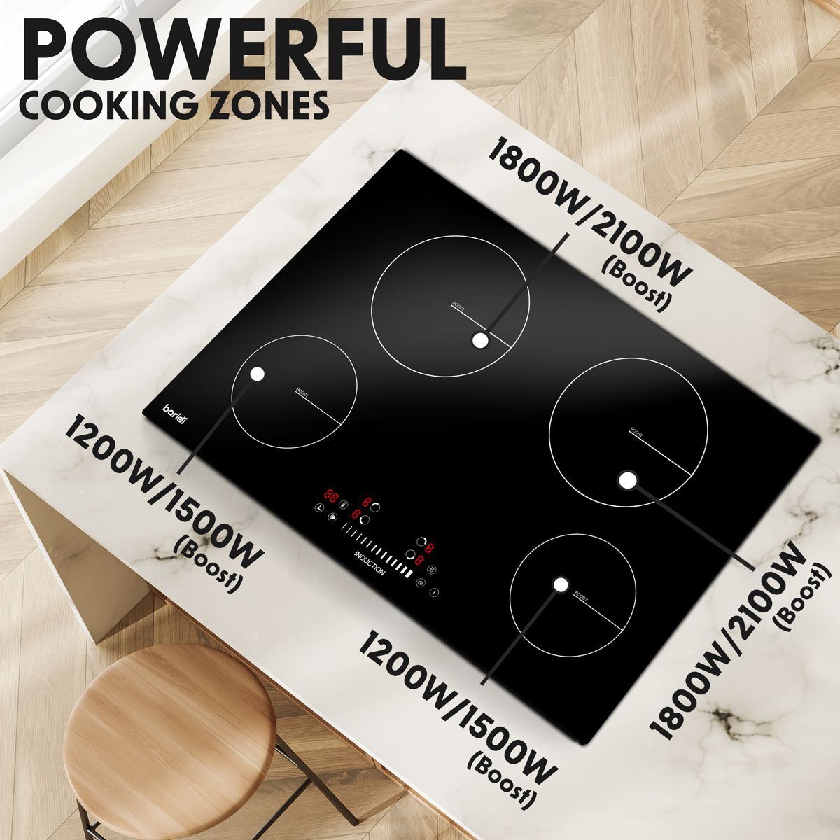 Sealey DH179 Baridi Integrated Induction Hob with 4 Cooking Zones 77cm 7200W Output