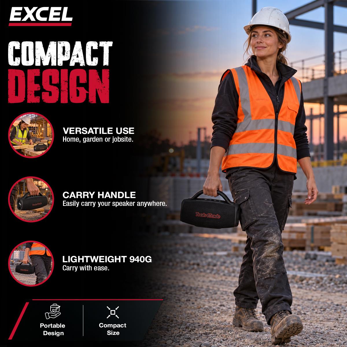 Excel Jobsite Bluetooth Speaker 40-70W IPX6 Waterproof with Auracast
