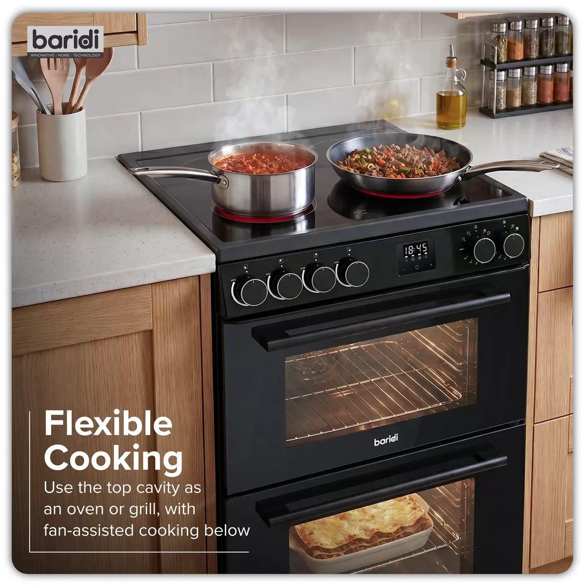 Sealey DH429 Baridi 60cm Freestanding Cooker with 99L Double Cavity & Ceramic Hob Black 240V