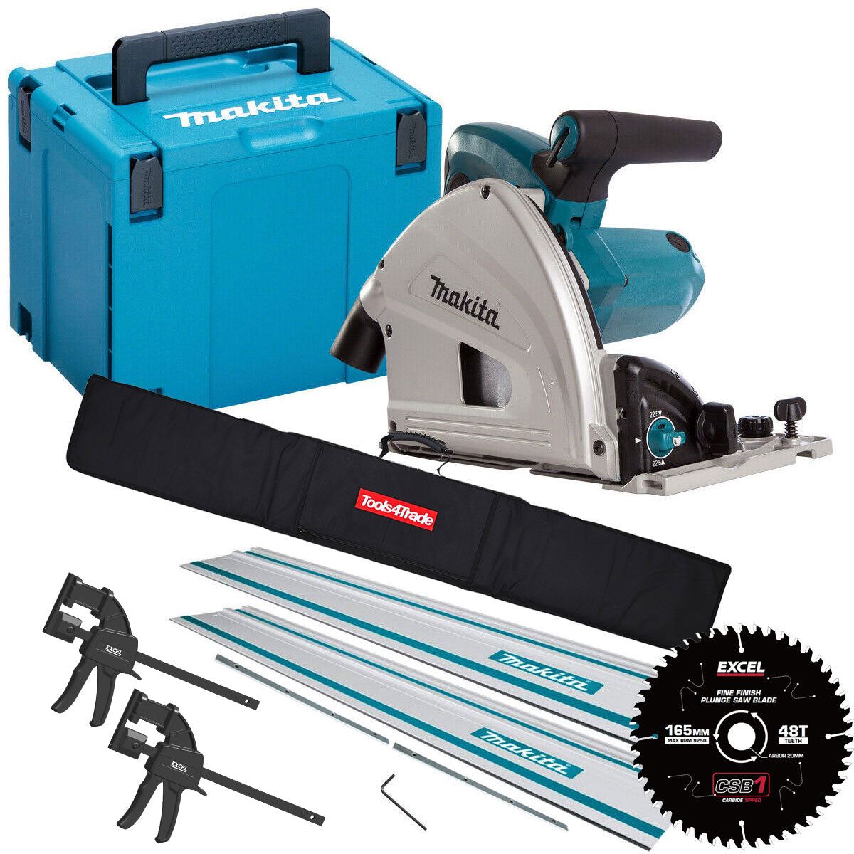 Makita SP6000J/1 110V 165mm Plunge Saw In Case + 2 x Guide Rail Connector Bar With Blade & Clamp