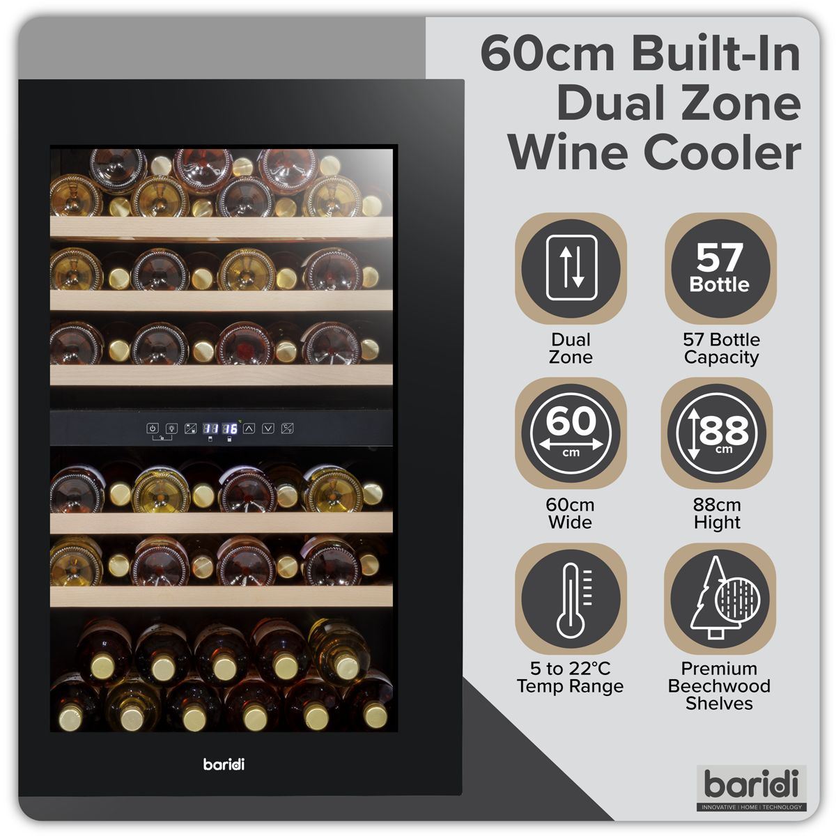Sealey DH118 Baridi 57 Bottle Dual Zone Built-In Fridge & Cooler 60cm