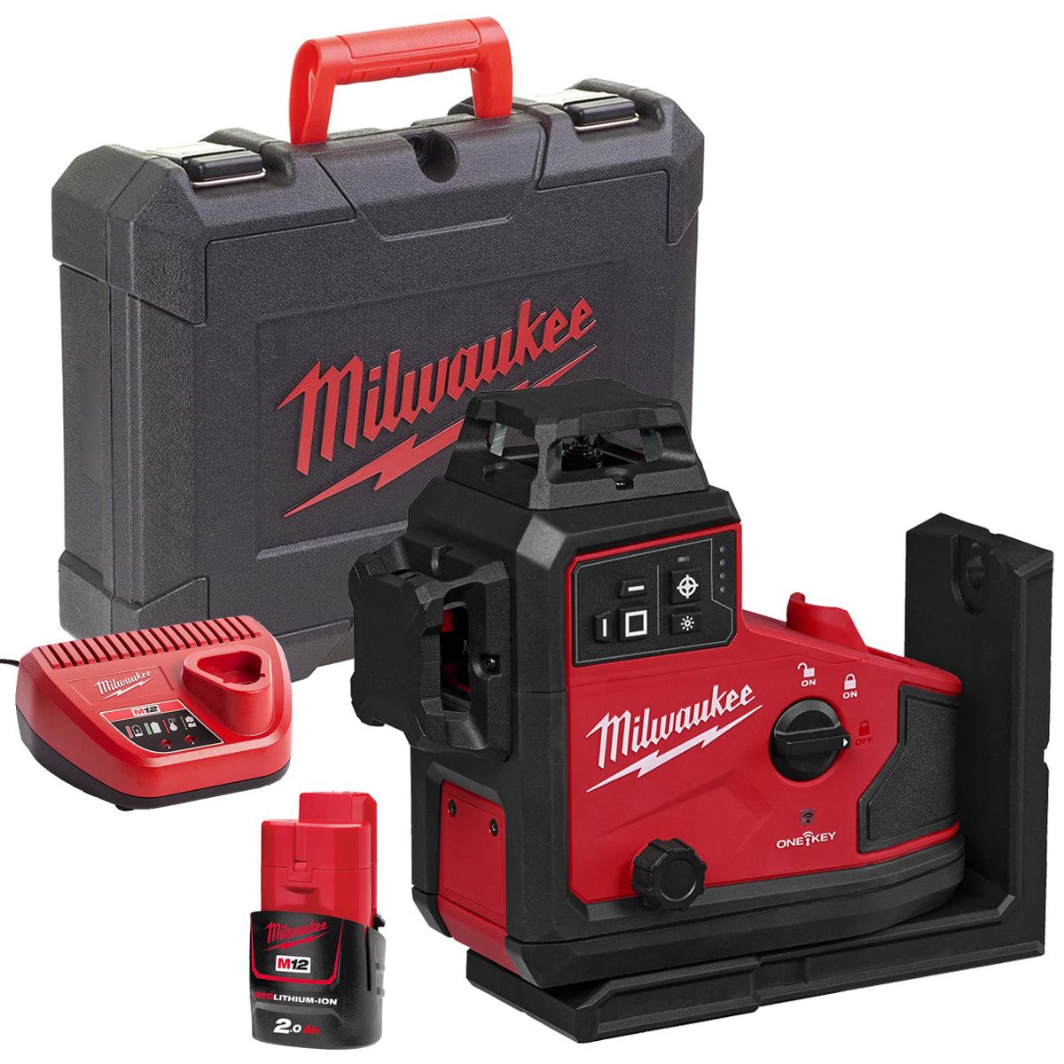 Milwaukee M12A3PLO-0C 12V M12 Green Auto Alignment 360° 3 Plane Laser with 1 x 2.0Ah Battery Charger & Case