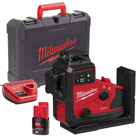 Milwaukee M12A3PLO-0C 12V M12 Green Auto Alignment 360° 3 Plane Laser with 1 x 2.0Ah Battery Charger & Case
