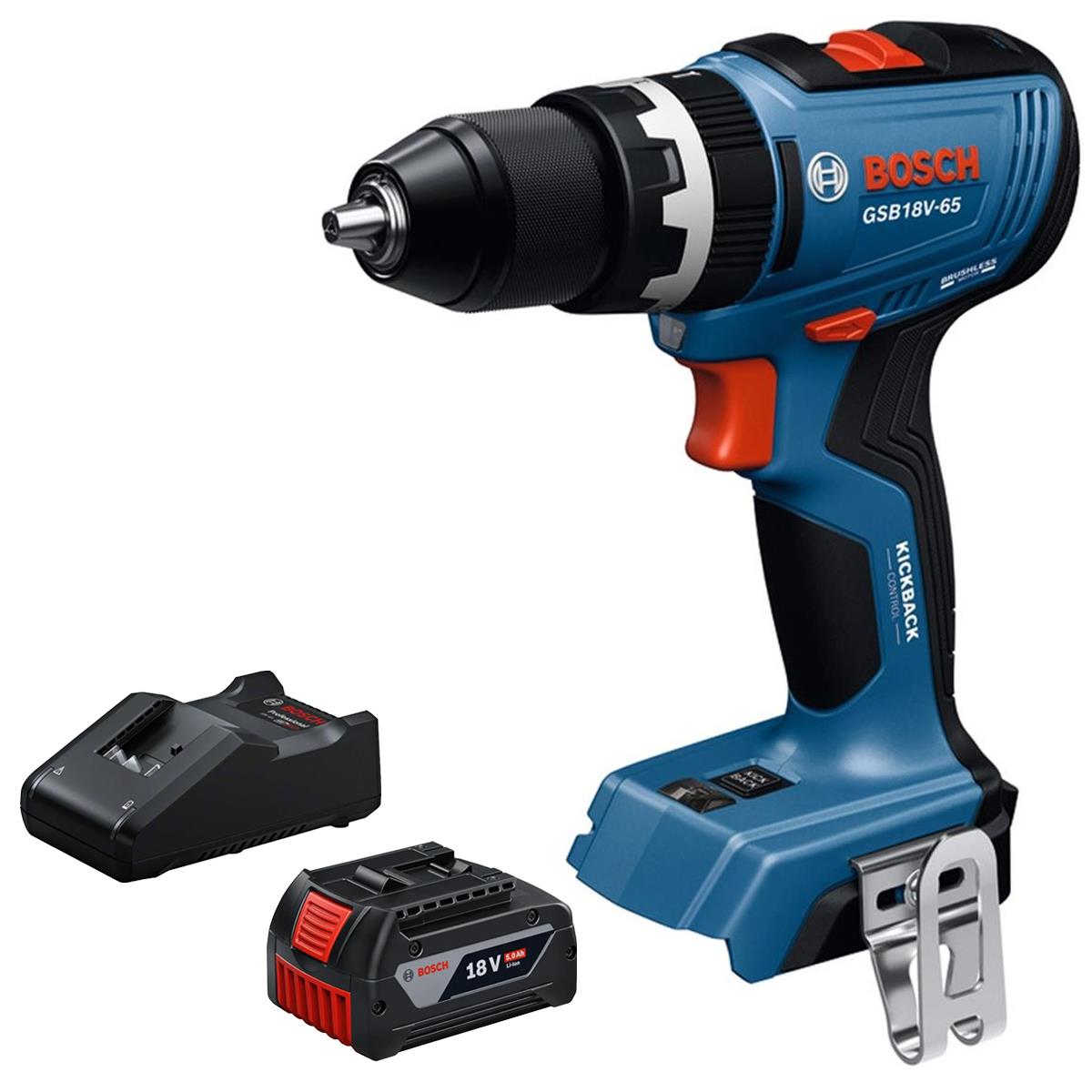 Bosch GSB 18V-65 18V Brushless Combi Drill with 1 x 5.0Ah Battery & Charger