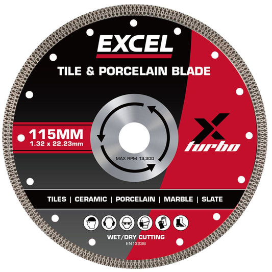 Excel 4.5" Diamond Blade for Cutting Ceramic & Porcelain - Wet & Dry Use