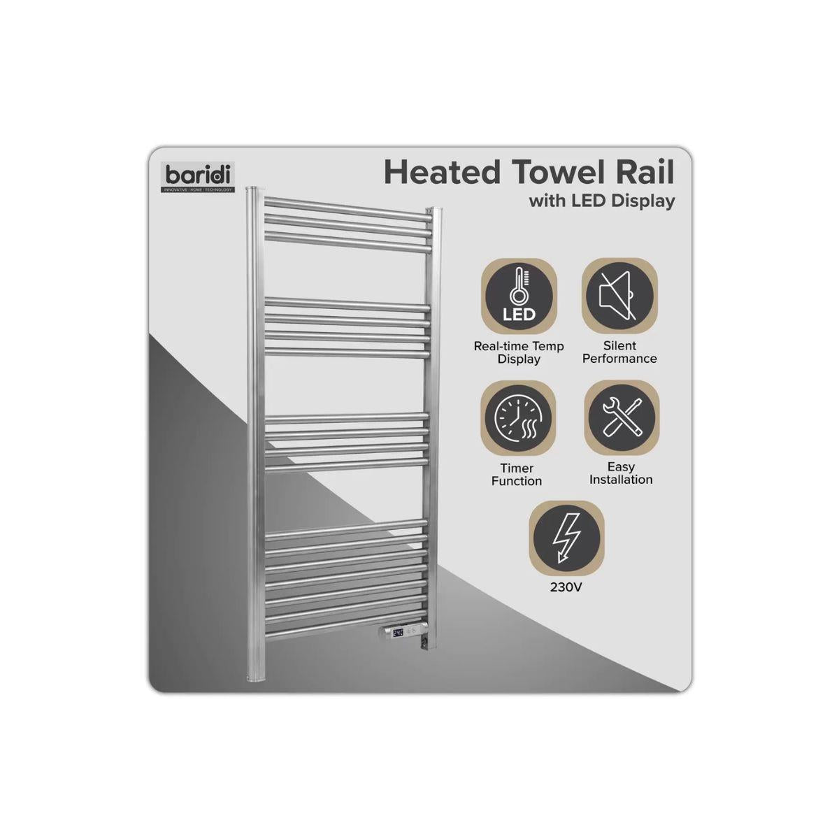 Sealey DH372 Baridi Electric Heated Towel Rail 1085 x 535mm with LED Display Silver 230V