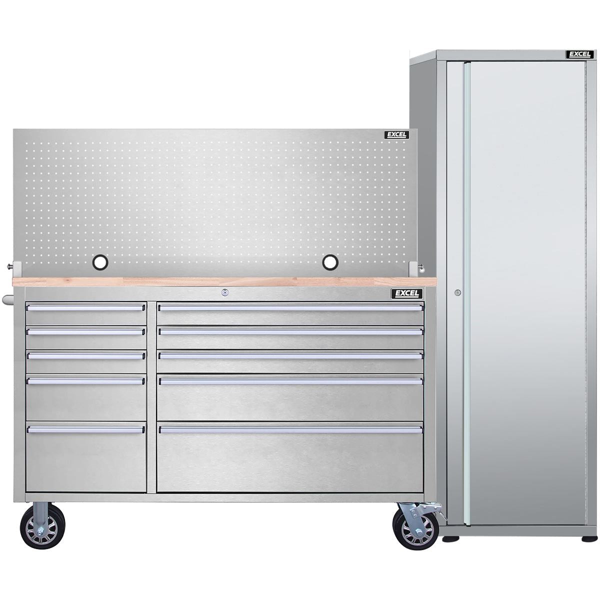 Excel 55inch 10 Drawer Stainless Steel Workbench Roller Tool Chest Cabinet with Pegboard & Tall Cabinet