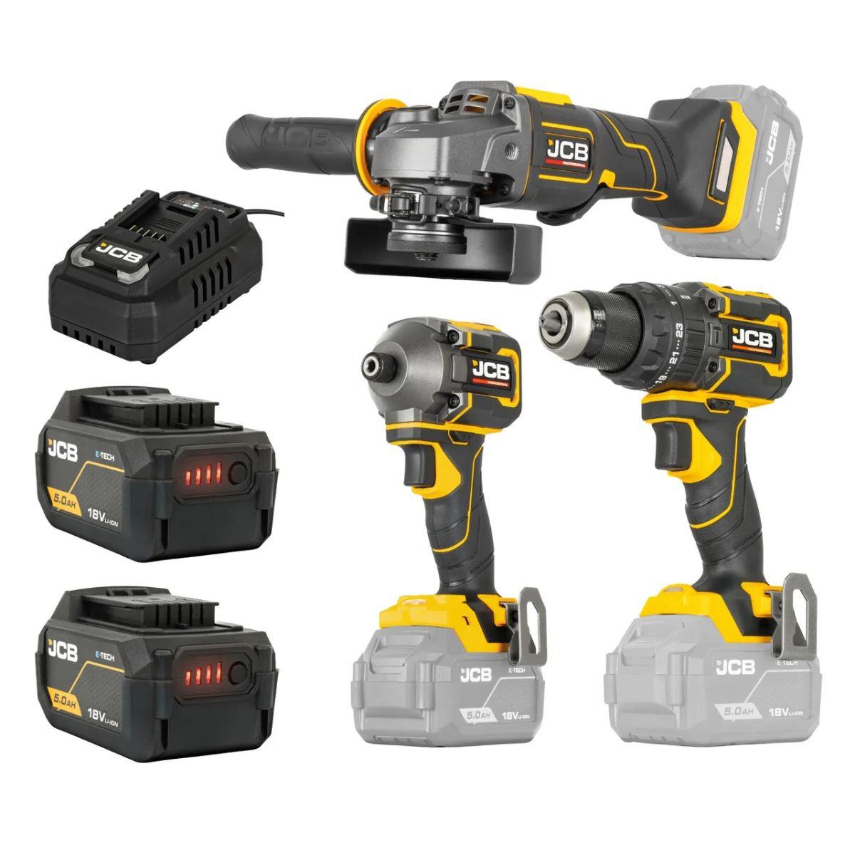 JCB-18PKIT-7 Pro 18V Combi Drill, Impact Driver & Angle Grinder With 2 x 5Ah Batteries & 4.5A Fast Charger In Soft Tool Bag