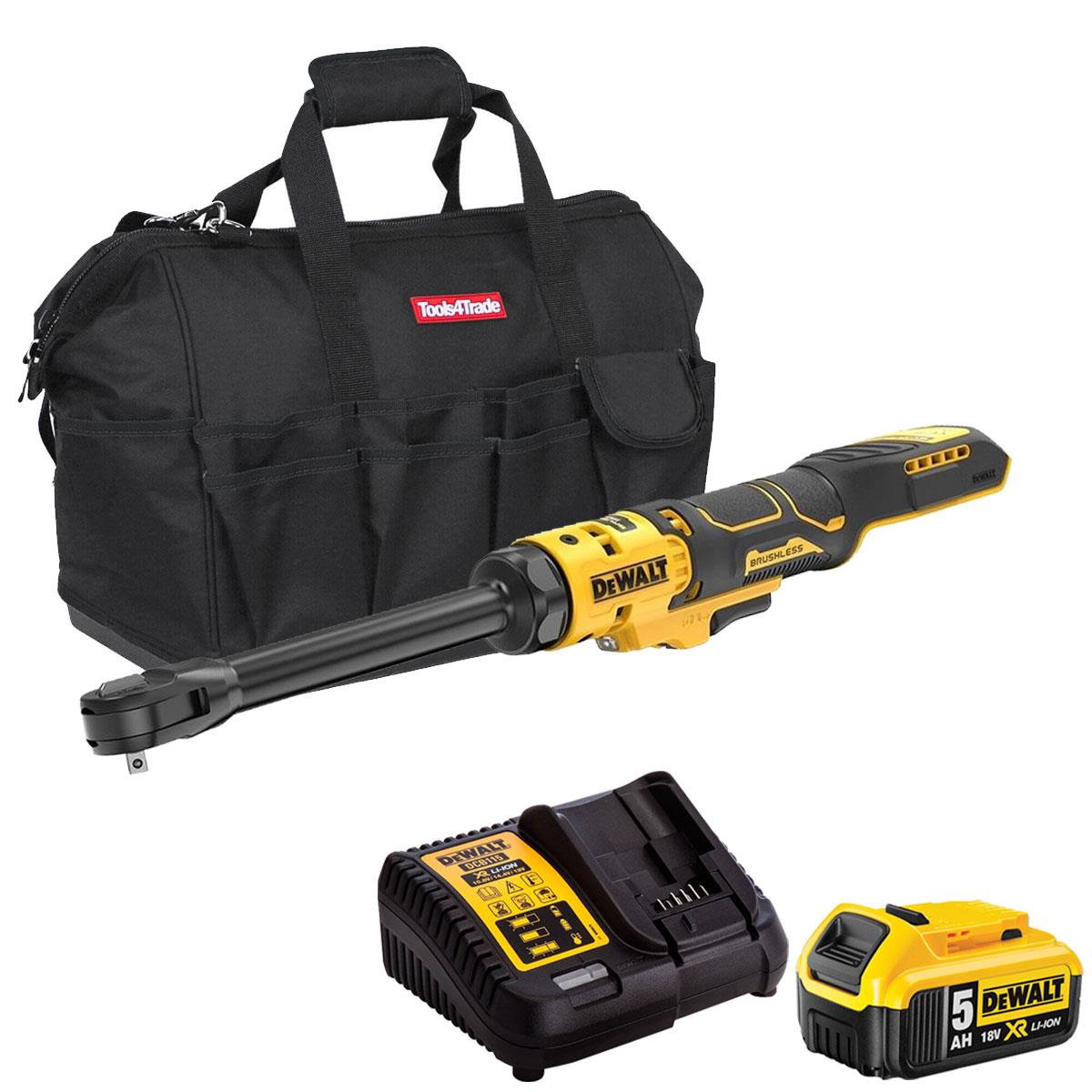 Dewalt DCF514EN-XJ 18V XR 1/4'' Brushless Open Head Ratchet with 1 x 5.0Ah Battery Charger & Bag
