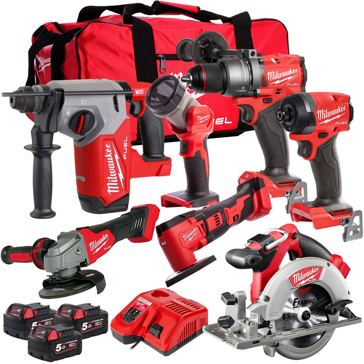 Milwaukee M18FPP7T-503B 18V 7 Piece Power Pack Tool Kit with 3 x 5.0Ah Batteries & Charger
