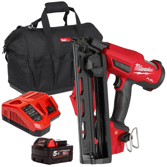Milwaukee M18FN16GA-0 18V Brushless 16G Angled Finish Nailer with 1 x 5.0Ah Battery Charger & Bag