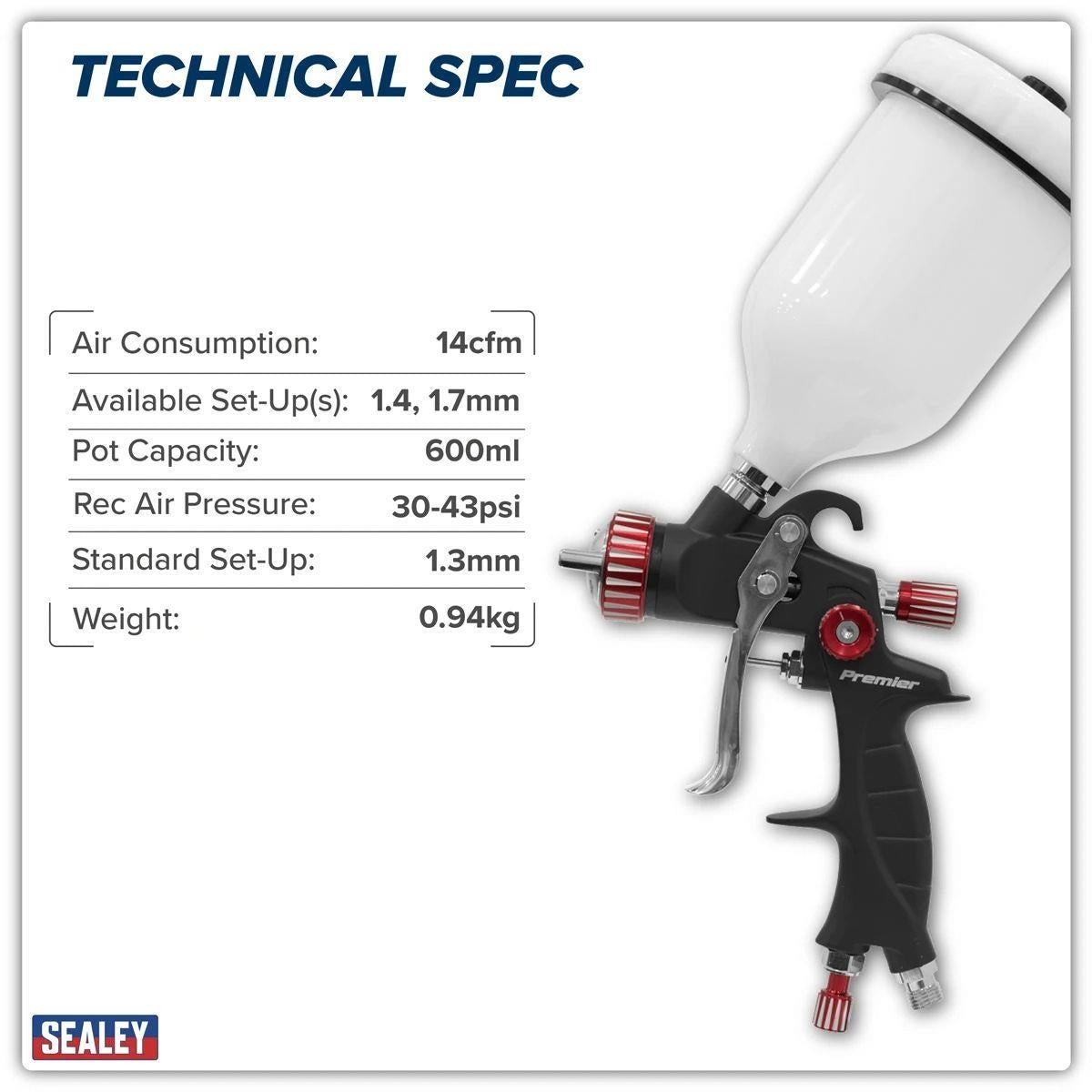 Sealey HVLP01 Premier Professional HVLP Gravity Feed Spray Gun 1.3mm Set-Up