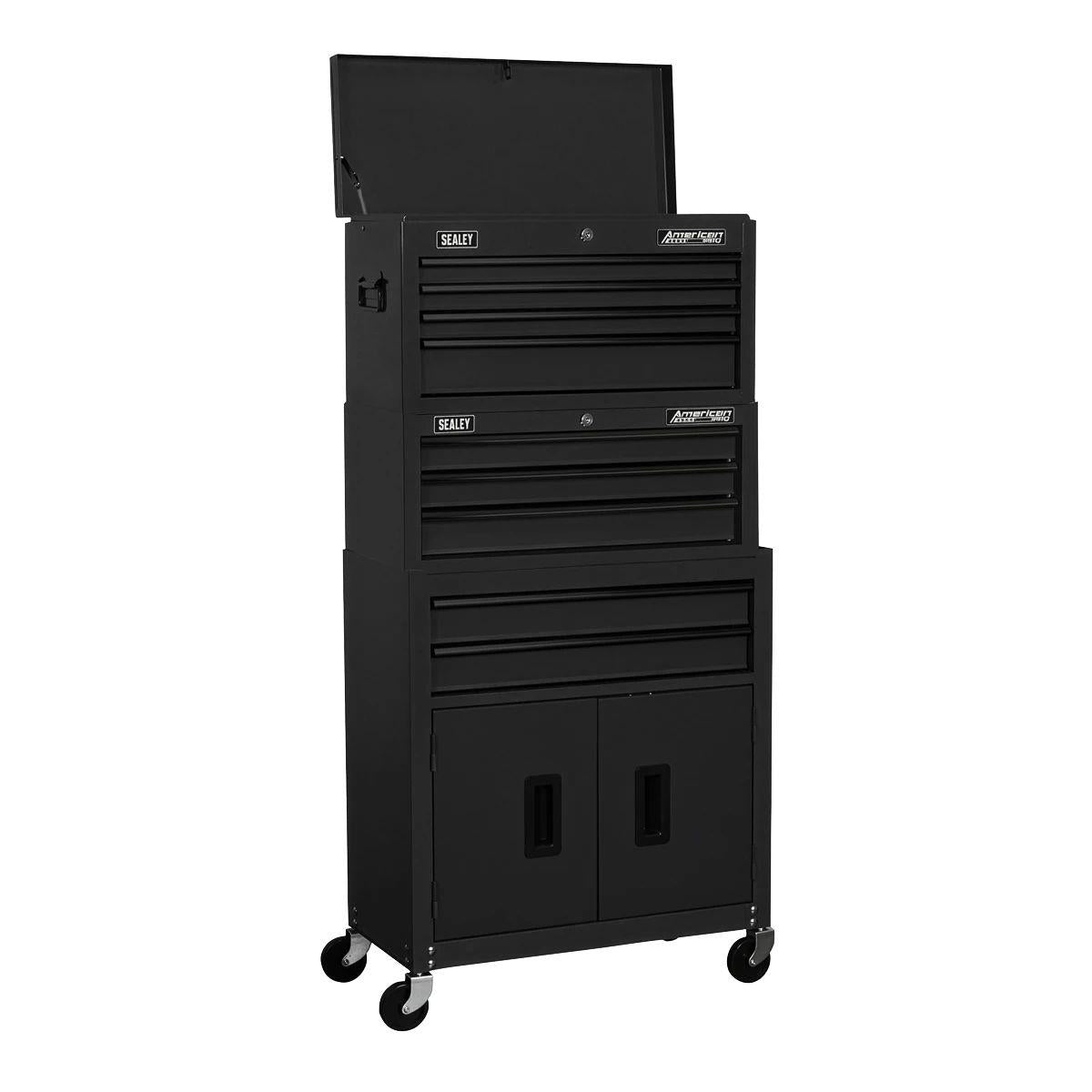 Sealey AP2200BKSTACK American PRO Topchest, Mid-Box Tool Chest & Rollcab Stack 9 Drawer Black