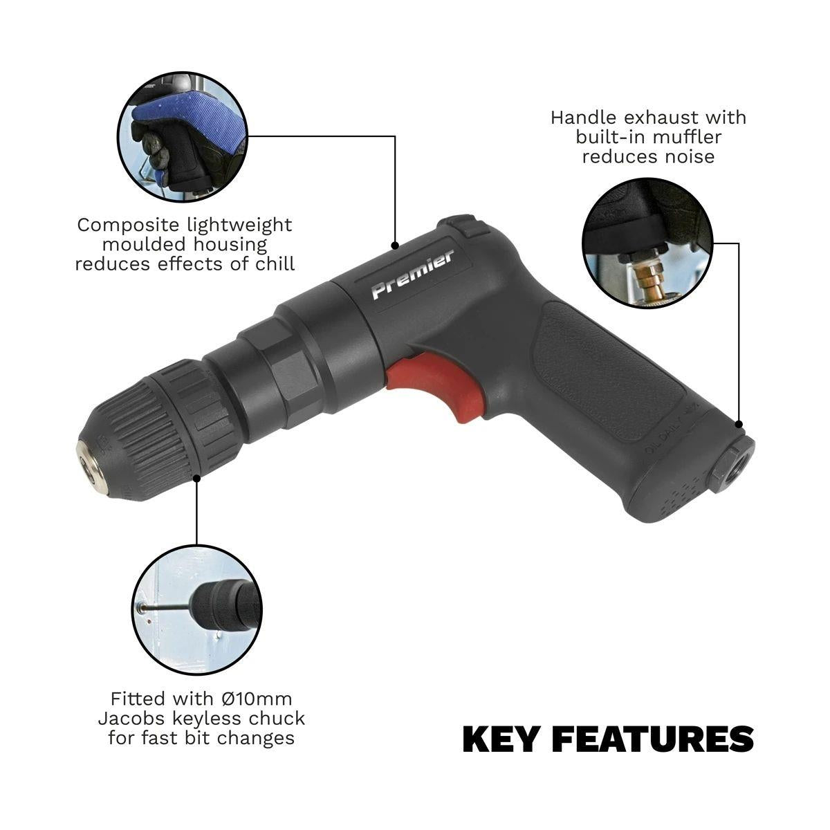 Sealey SA620 Air Pistol Drill with 10mm Keyless Chuck Super-Duty