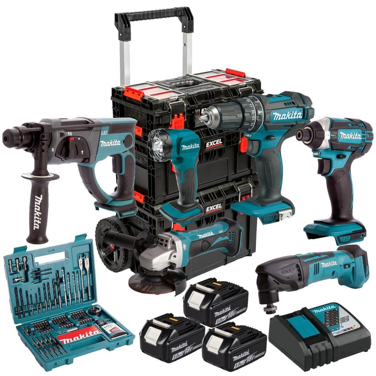 Makita 18V 6 Piece Kit with 3 x 5.0Ah Battery, Charger, 100 Accessory Set & Modular Tool Box 3 Piece Set T4TKIT-24414