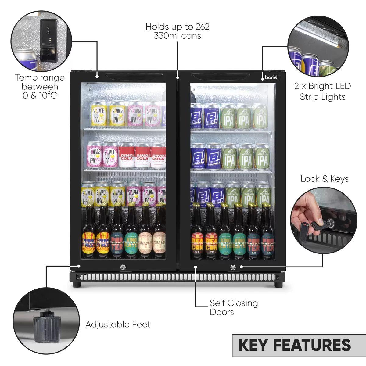 Sealey DH272 Baridi Bar Drinks Fridge/Cooler with Double Hinged Door & Security Lock 190L Black 240V