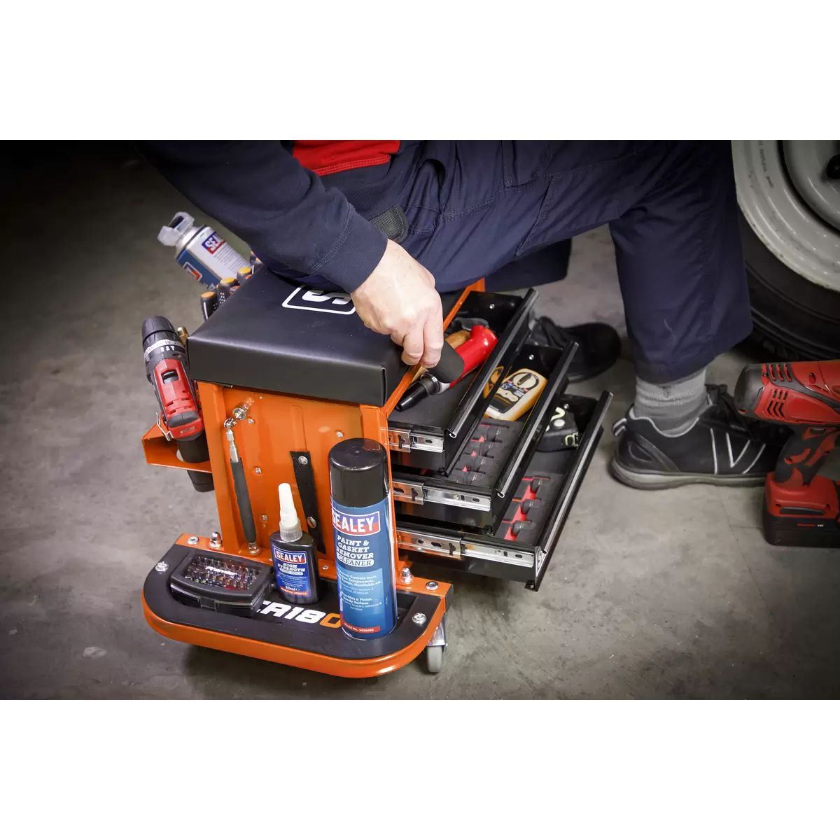 Sealey SCR18O Mechanic's Utility Seat & Toolbox-Orange