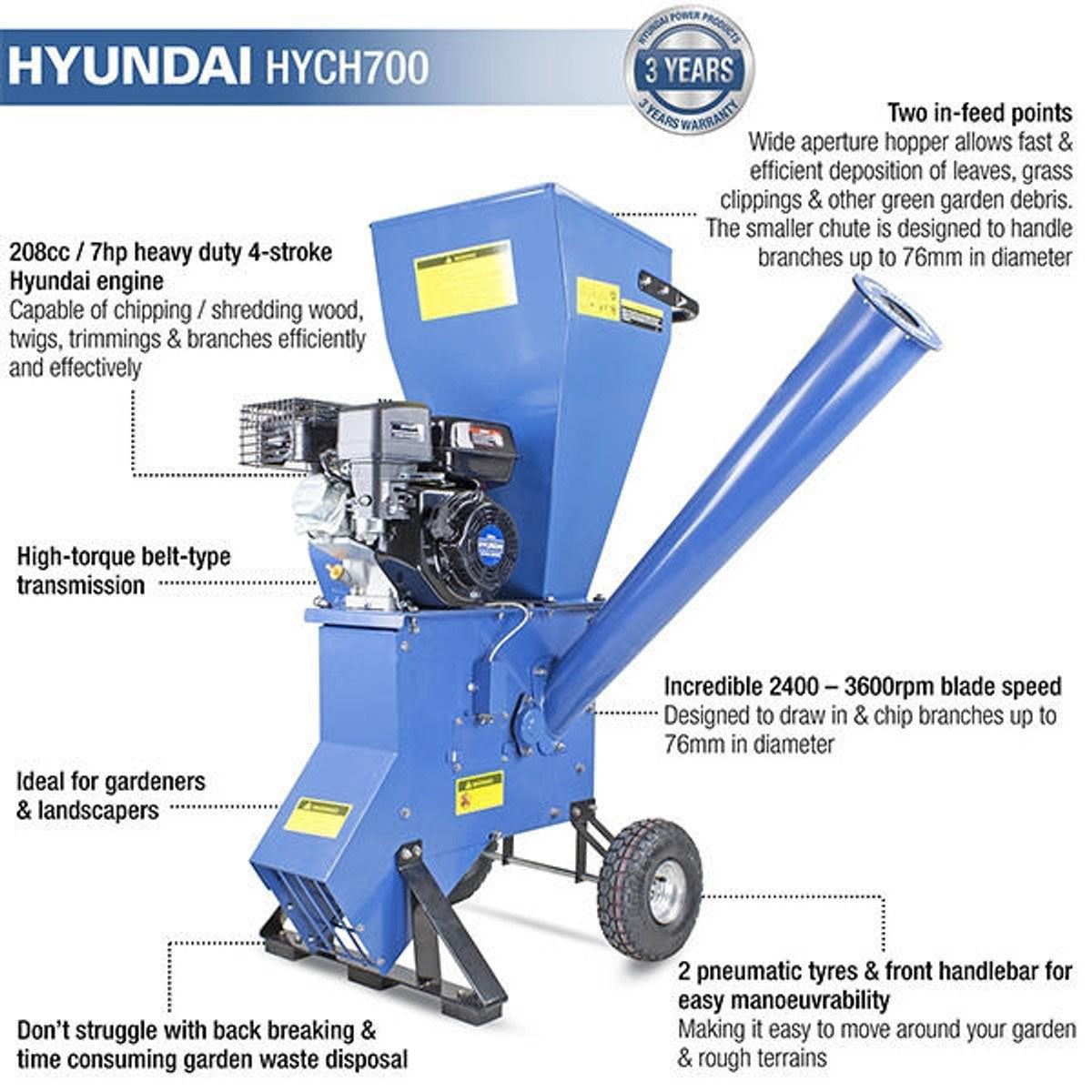 Hyundai HYCH700 208cc-76mm Petrol Garden Wood Chipper, Shredder, Mulcher 4-Stroke Engine