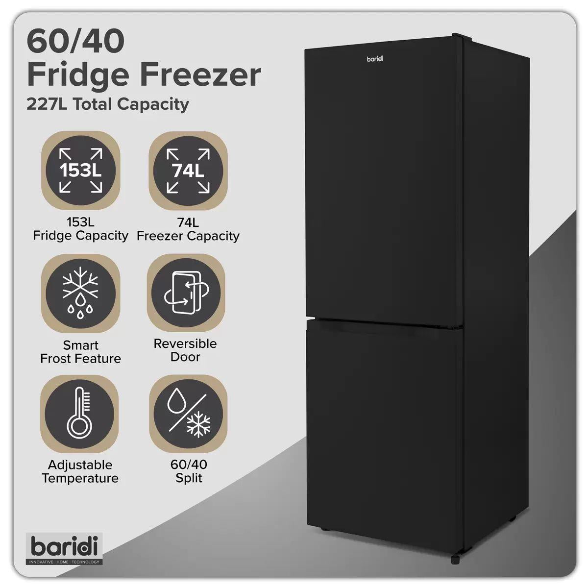 Sealey DH327 Baridi 60/40 Smart Frost Fridge Freezer 227L Capacity Black 230V