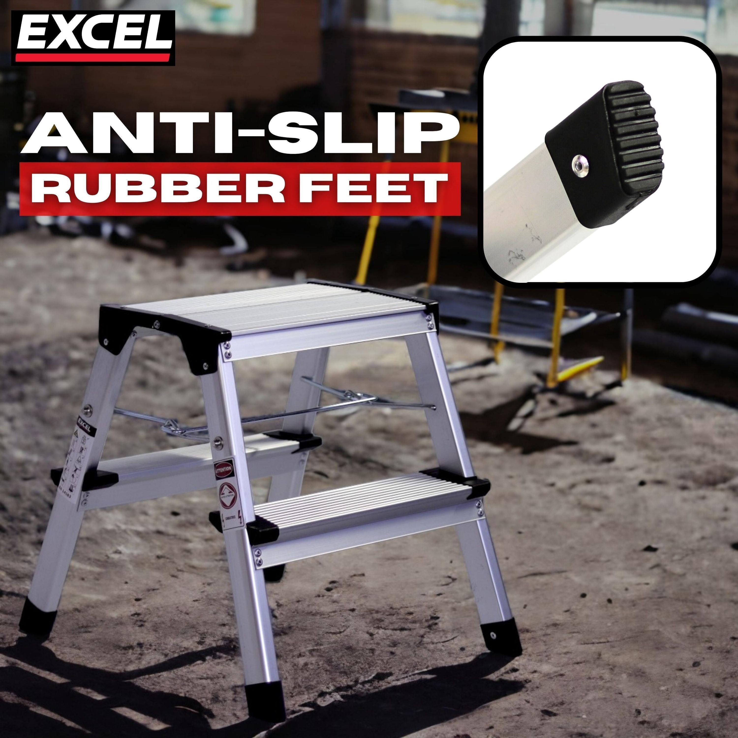 Excel Aluminium Stool Ladder 2 Tread Heavy Duty Folding Hop Up 350mm x 400mm Item Condition Damaged Box