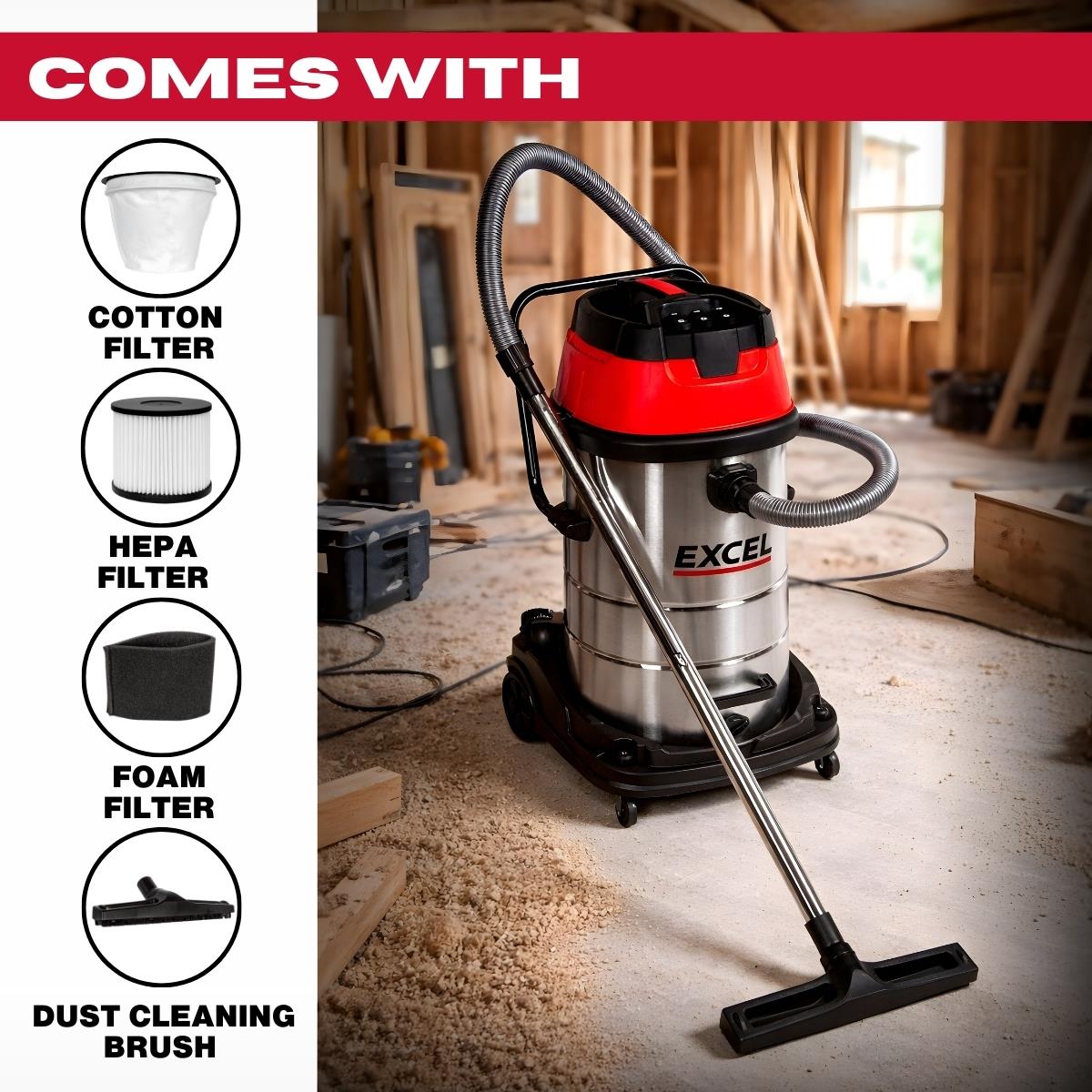 Excel 100L Wet & Dry Vacuum Cleaner 3000W/230V