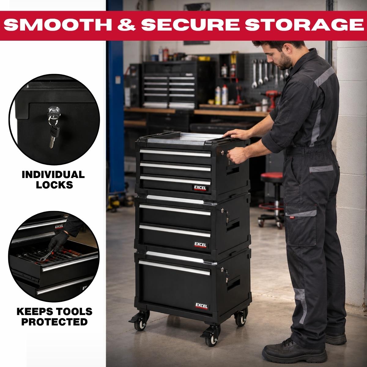 Excel 6 Drawer Modular Rolling Tool Box Stackable with Stainless Steel Worktop