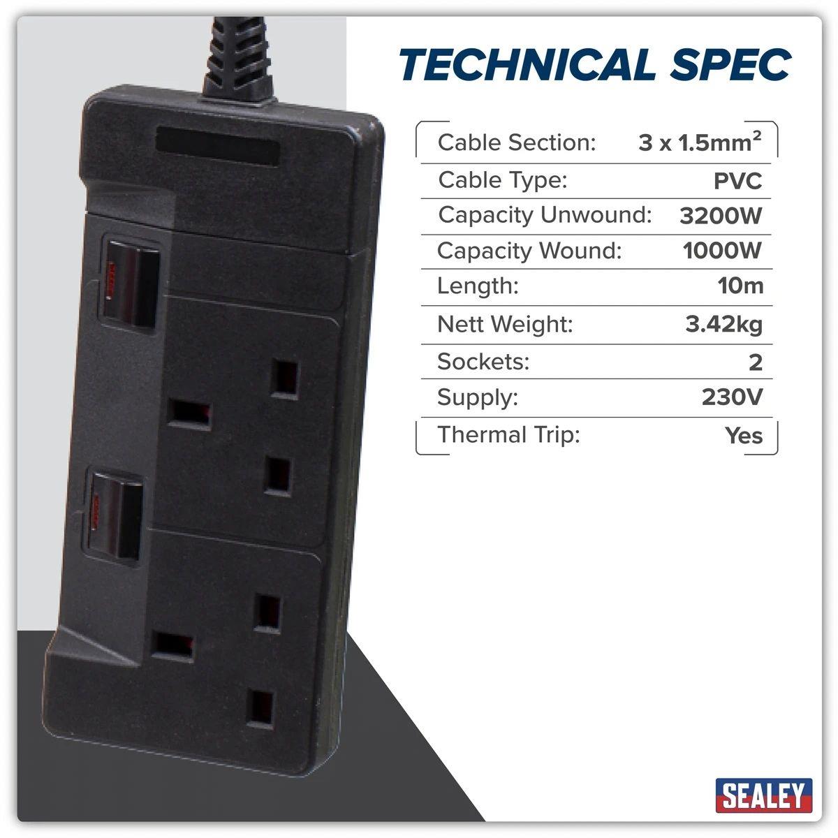 Sealey CRM10 Cable Reel System Retractable 10m 2 x 230V Socket