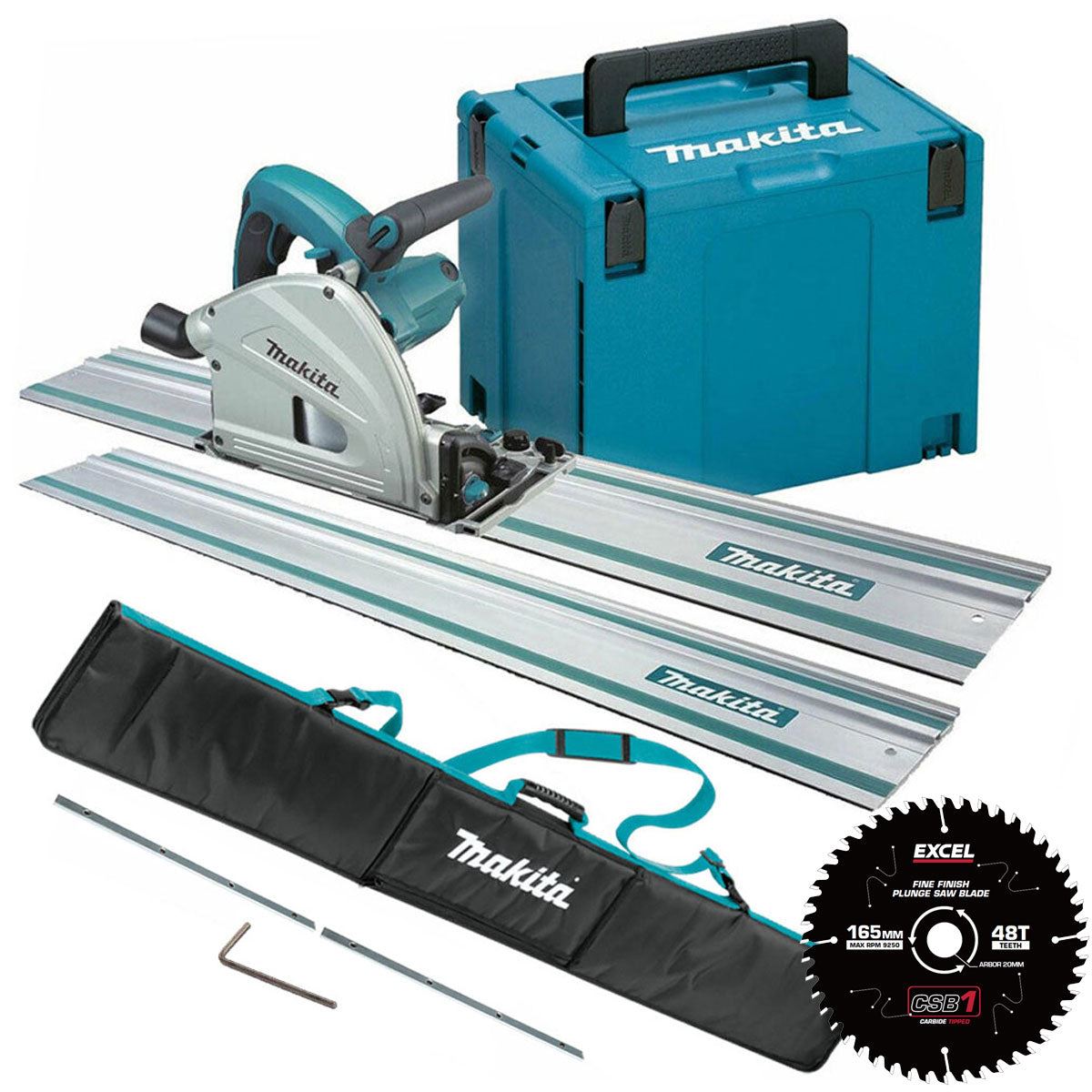 Makita SP6000J2 165mm Plunge Saw 240V + 2 x 1.5m Guide Rail in Bag, Connector with Blade & Case