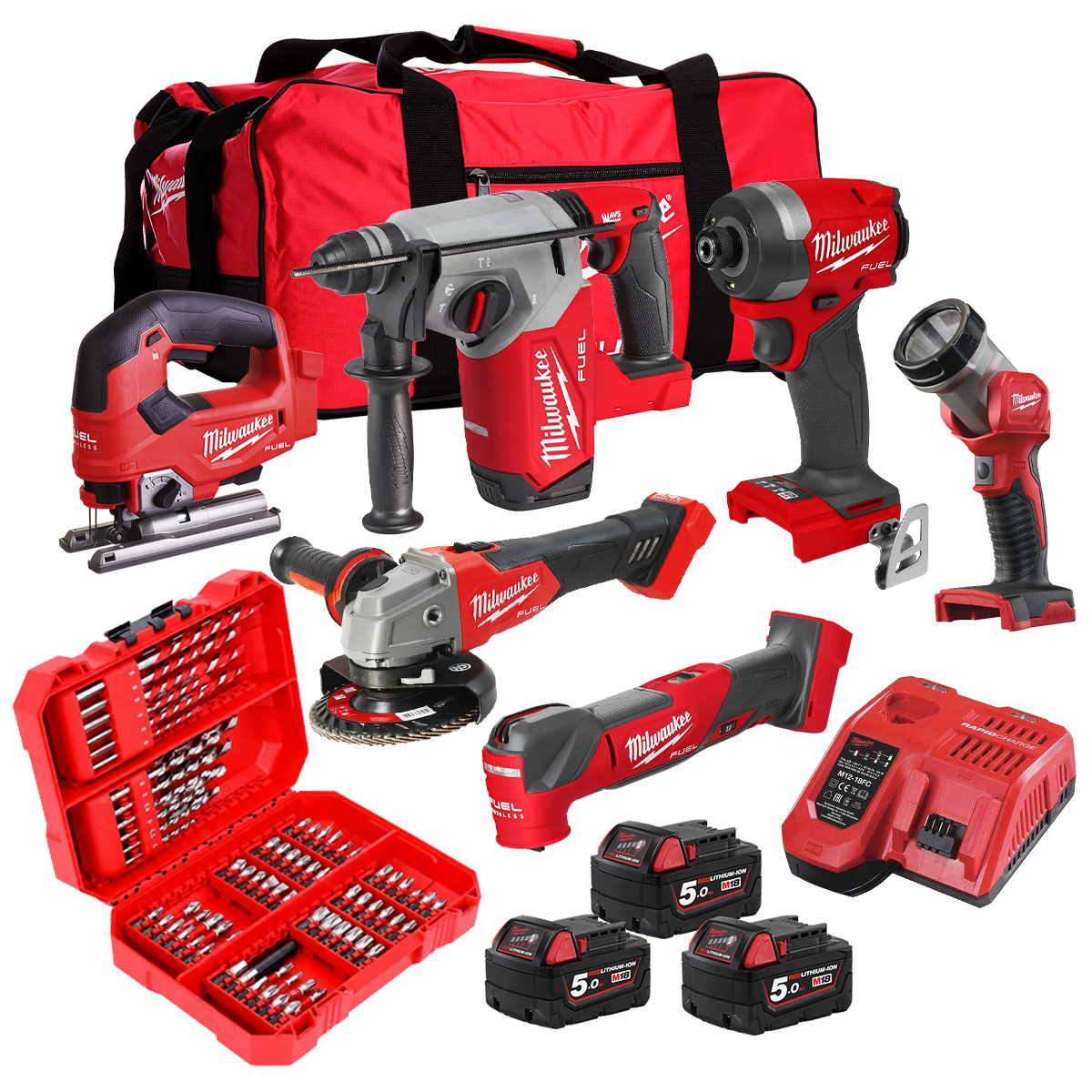 Milwaukee M18FPP6L3-503B 18V Brushless 6 Piece Tool Kit with 3 x 5.0Ah Batteries, Charger & 80 Piece Impact Duty Bit Set