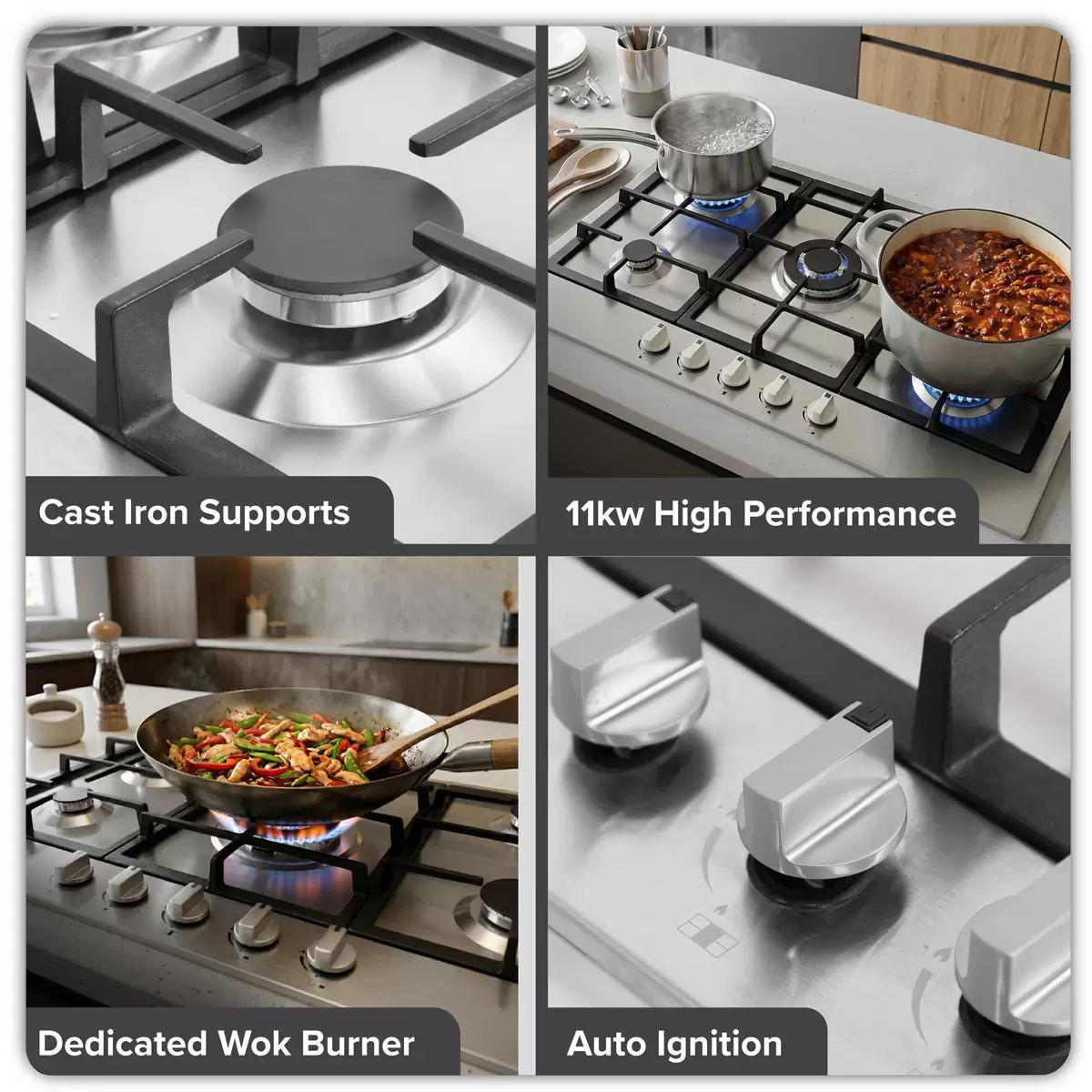 Sealey DH382 Baridi 90cm Gas Hob Stainless Steel with 5 Burners, Cast Iron Supports & Auto Ignition 11kW/230V