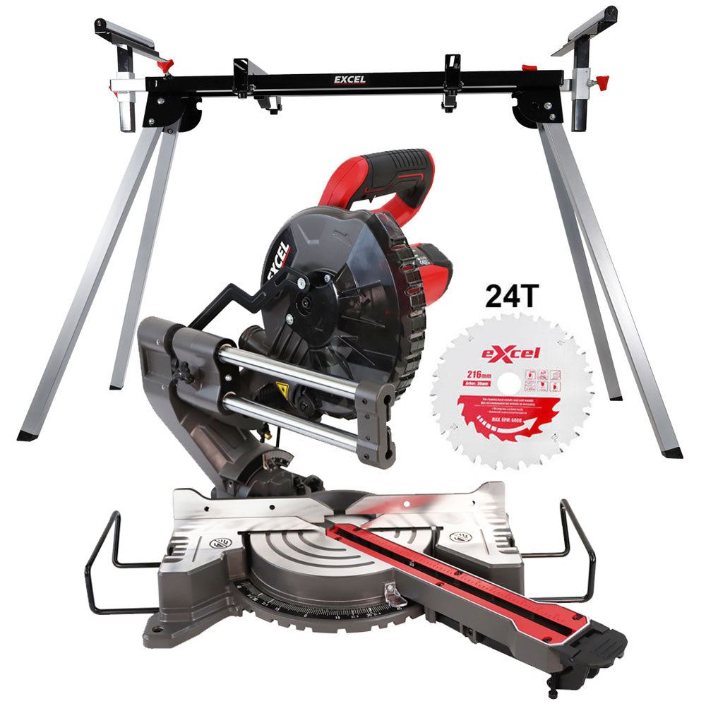 Excel 216mm Mitre Saw Large Base Laser 240V with Leg Stand Extra 1 x 24T Blade