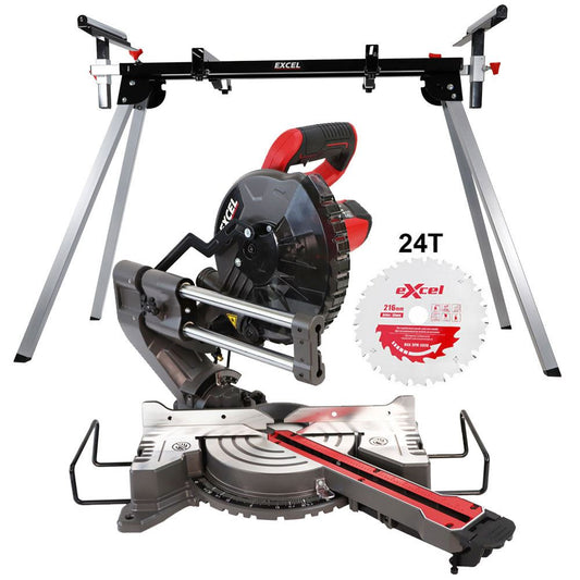 Excel 216mm Mitre Saw Large Base Laser 240V with Leg Stand Extra 1 x 24T Blade