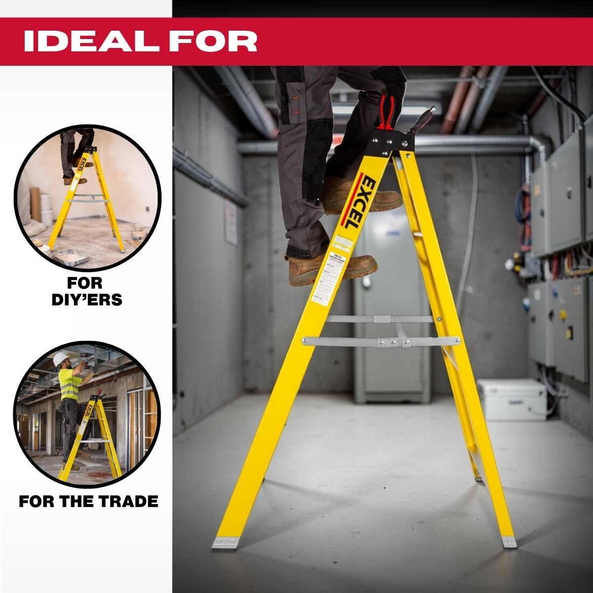 Excel Heavy Duty Fibreglass 6 Tread Ladder with 3 Step Hop Up Ladder