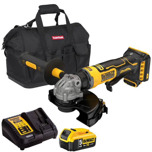 Dewalt DCG404N-XJ 18V XR Brushless 125mm Angle Grinder with 1 x 5.0Ah Battery Charger & Bag