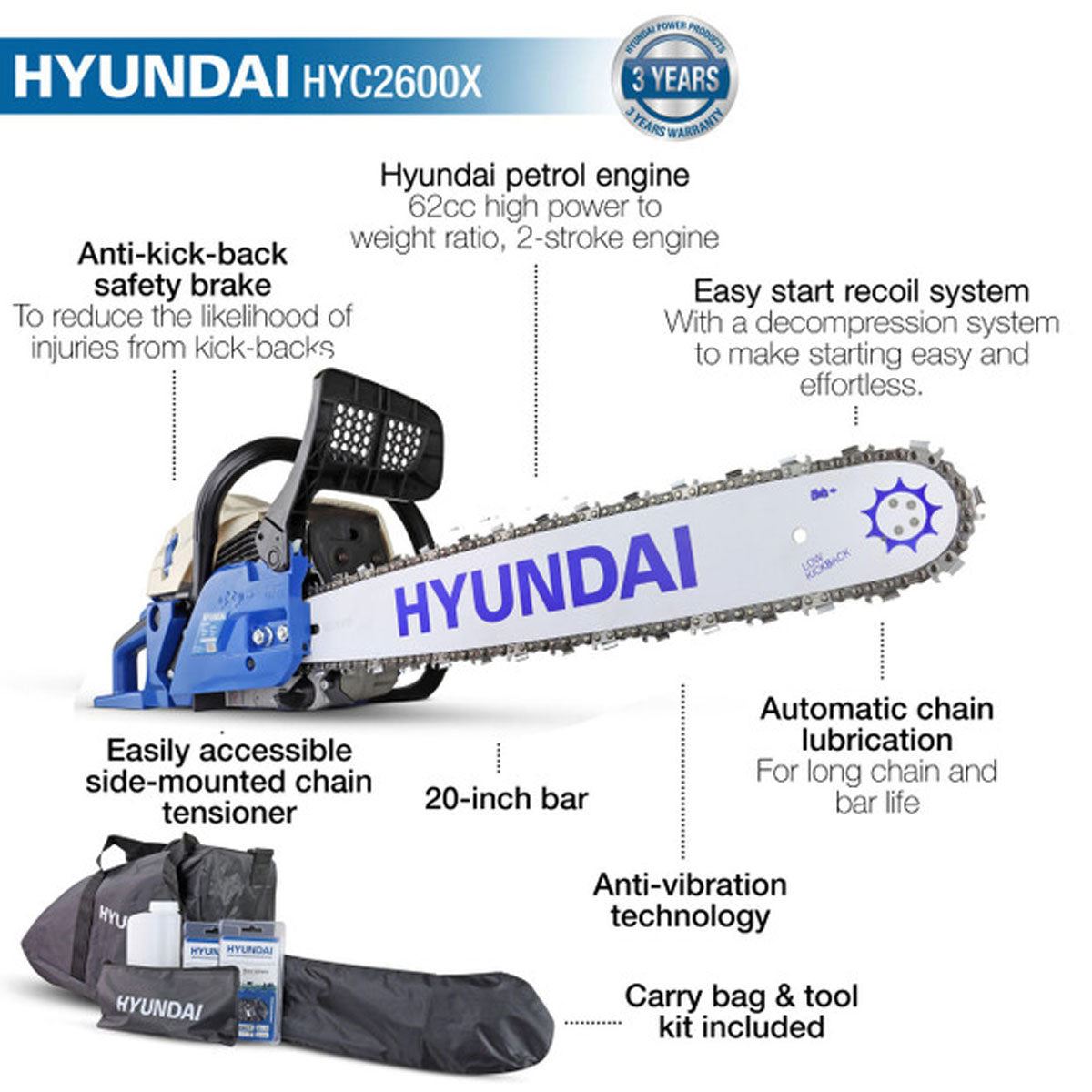 Hyundai HYC6200X 20'' Petrol Chainsaw Anti-Vibration & High-Performance with Protective Cover Bag
