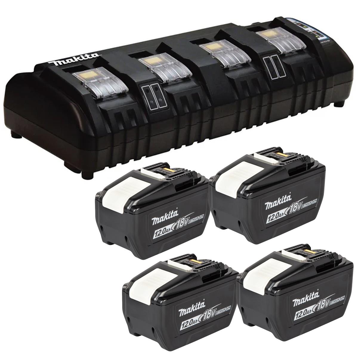 Makita DC18SF 14.4V - 18V Multi Four Port Battery Charger 240V with 4 x 12.0Ah Battery