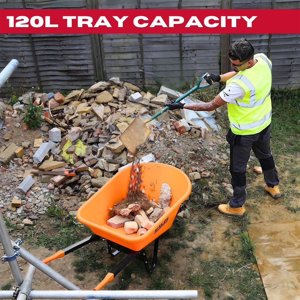 Excel Heavy Duty Orange Wheelbarrow with 120L HDPE Tray