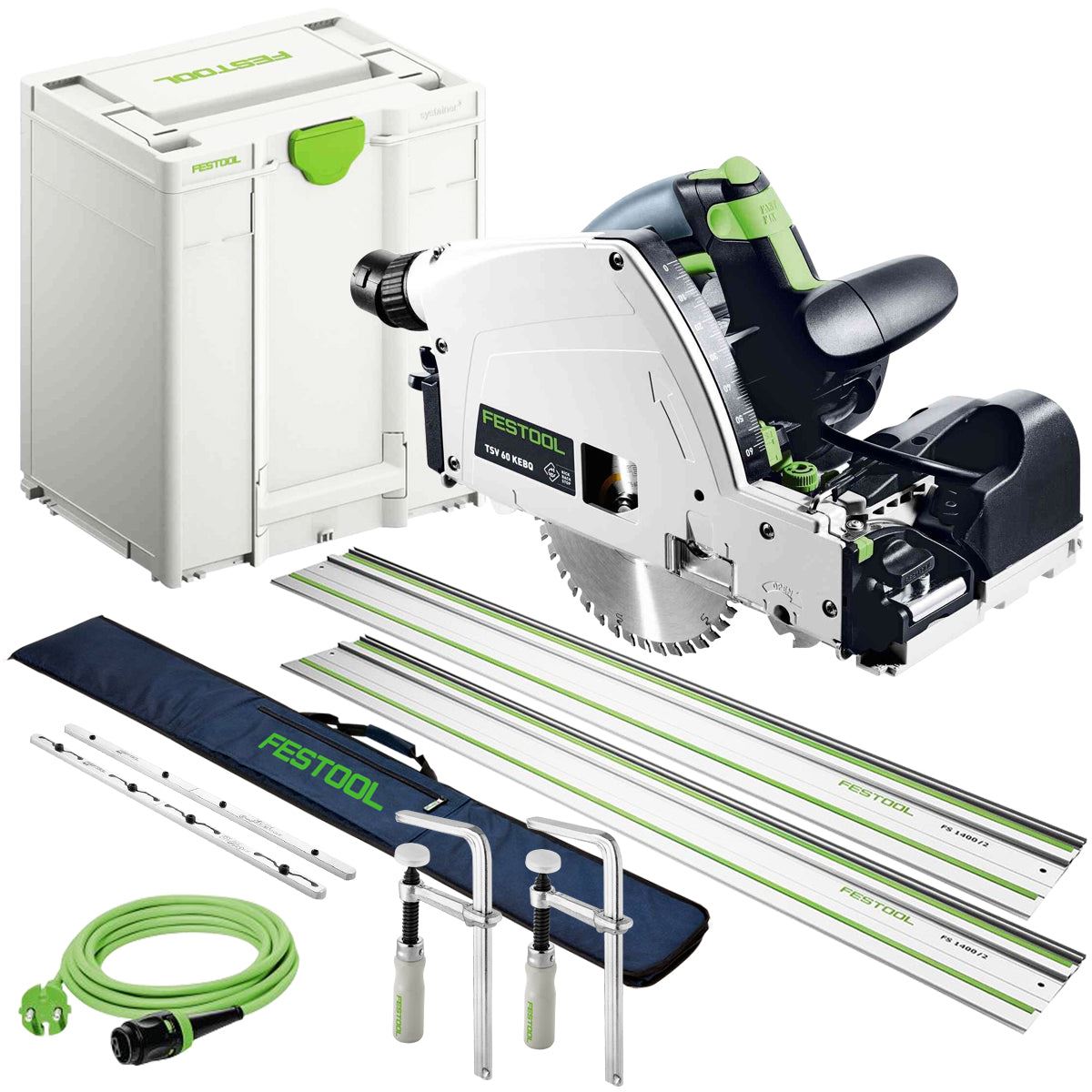 Festool TSV 60 KEBQ-Plus 230V GB Plunge-Cut Saw - 576733 With 2 x Guide Rail, Connector, Clamp & Bag