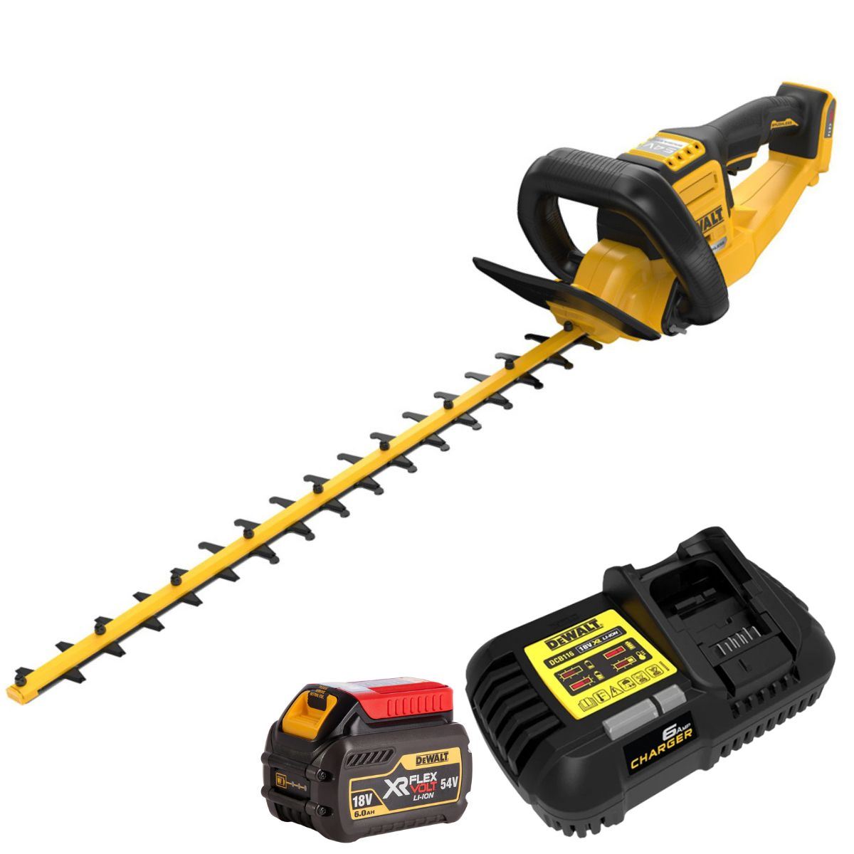 Dewalt DCMHT573N-XJ 54V XR FlexVolt Brushless 65cm Hedge Trimmer with 1 x 6.0Ah Battery & Charger
