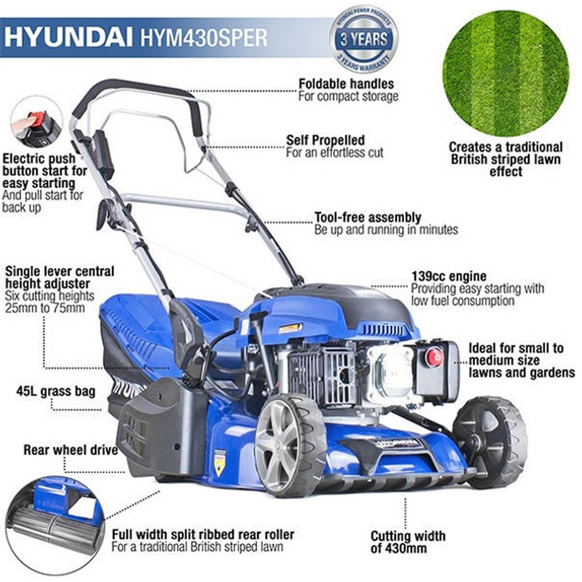 Hyundai HYM430SPER 43cm Electric-Start Self-Propelled Petrol Roller Lawnmower 139cc Engine & 25-75mm Cuts
