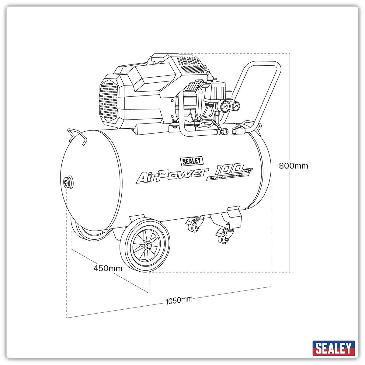 Sealey SAC10002 Air Compressor 100L V-Twin Oil Free Direct Drive 3hp/230V