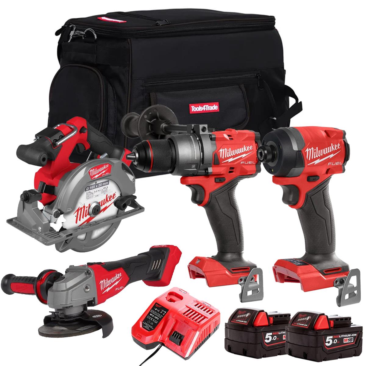 Milwaukee M18FPP5Z-502B 18V Brushless 4 Piece Power Tool Kit With 2 x 5.0Ah Batteries Charger & Bag