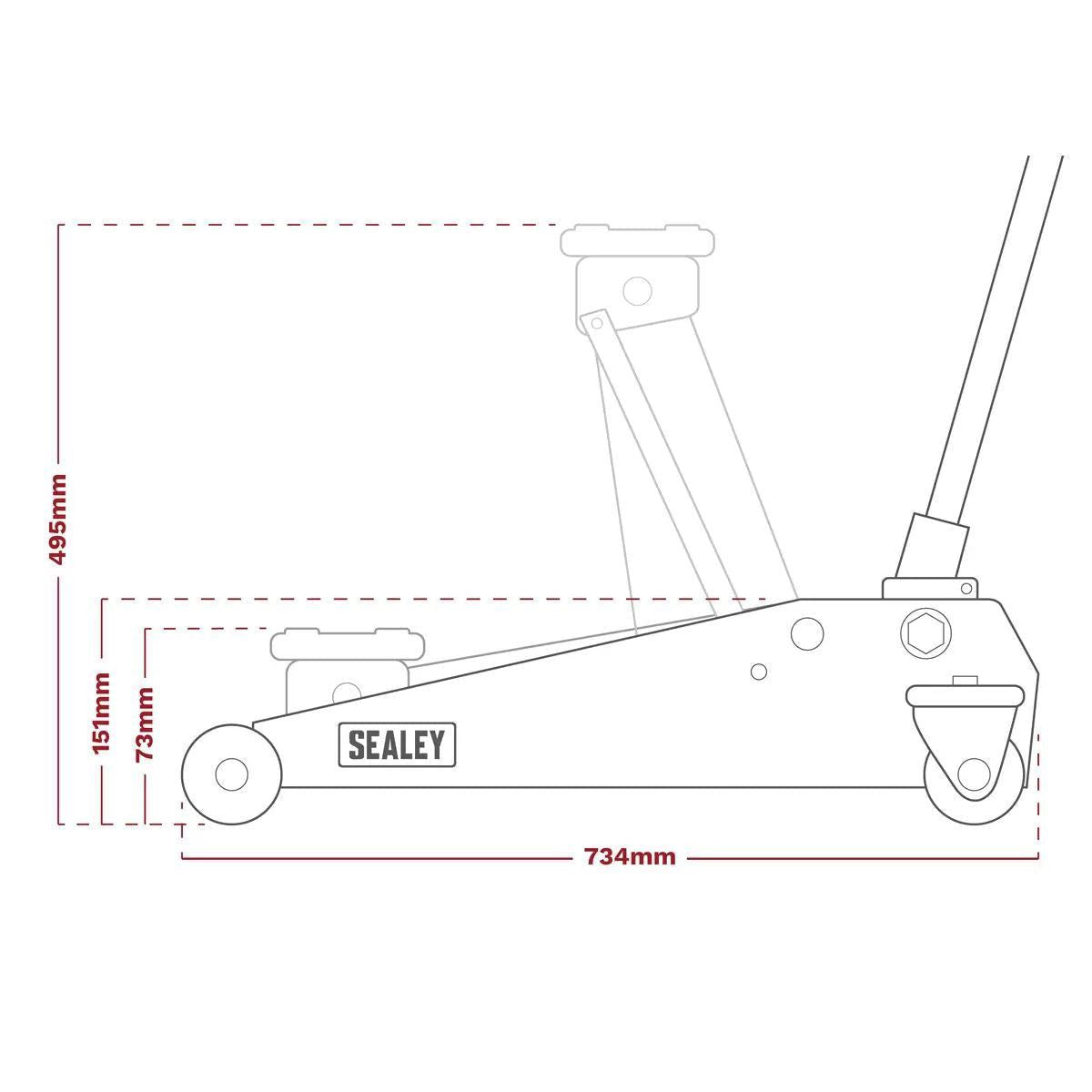 Sealey 2001LERE Trolley Jack 2.25tonne Low Entry Rocket Lift Red