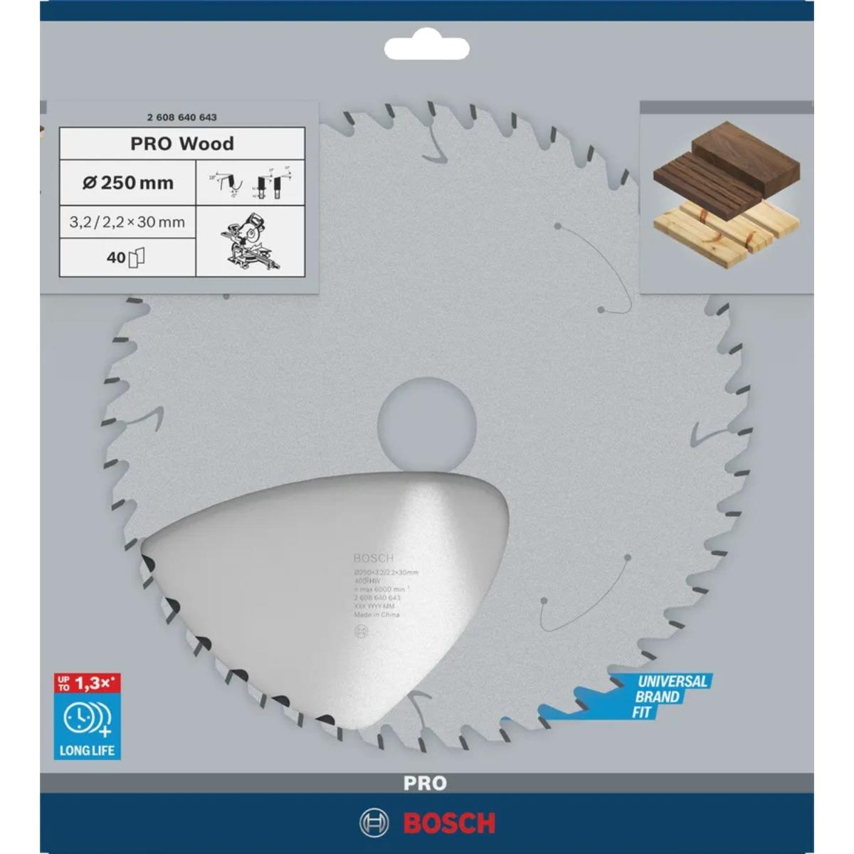Bosch 250mm x 30mm 40T Wood Mitre Saw Blade - 2608640643